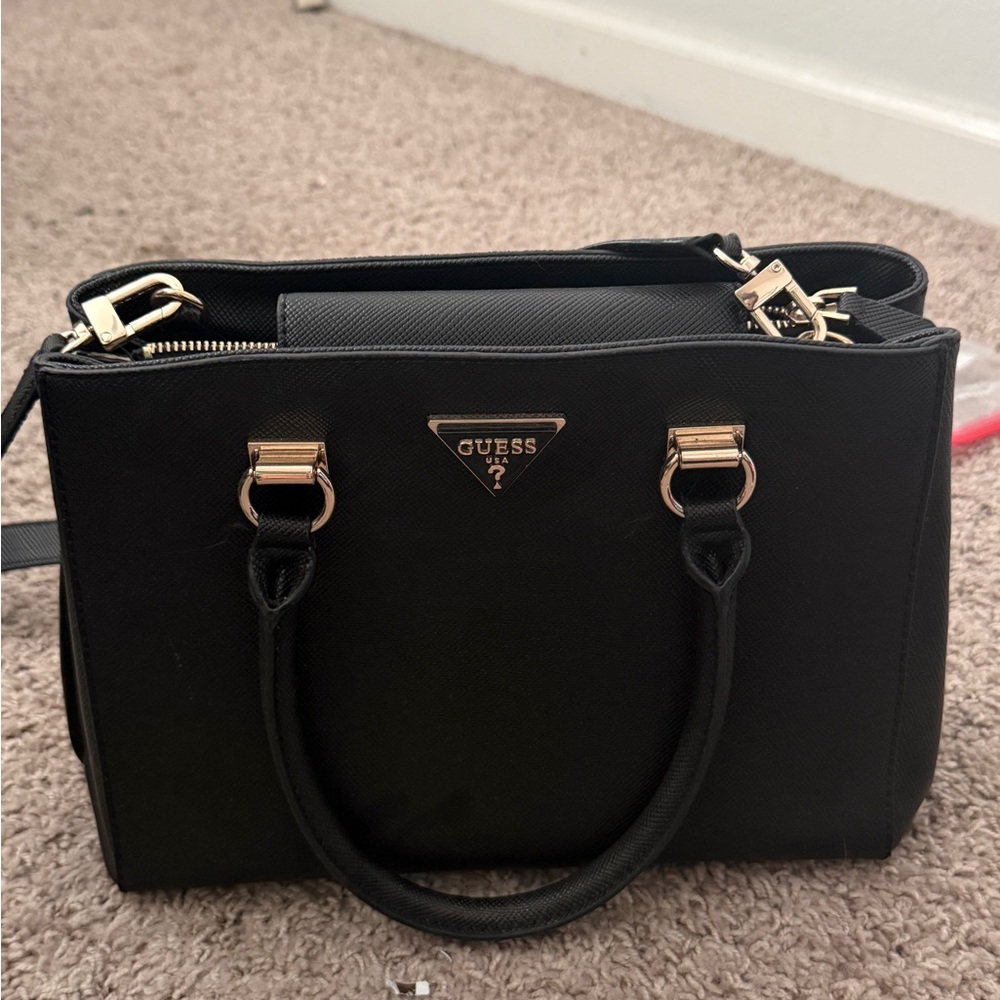 GUESS Noelle Girlfriend medium Black Satchel with Gold Hardware
